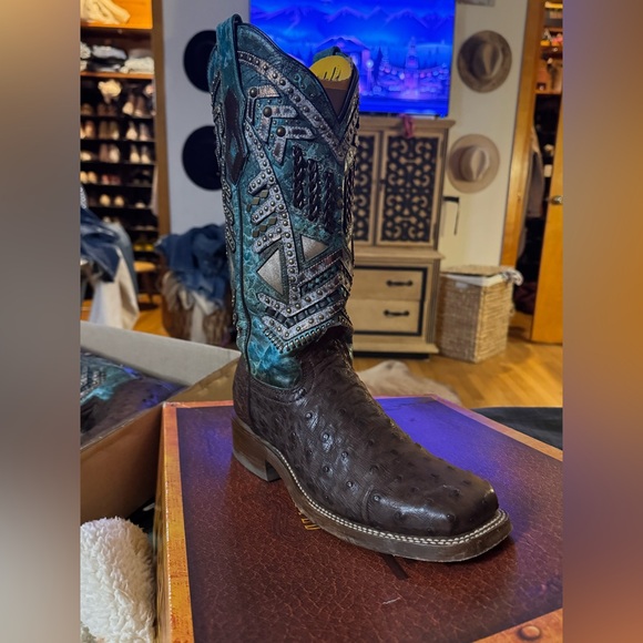Corral Women’s Turquoise and Dark Brown Ostrich Skin Western Boots - Picture 2 of 5